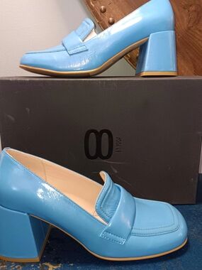 Patent Sky Blue Block Heel Loafers